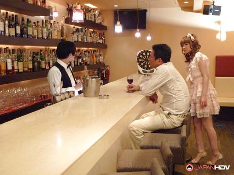 Stunning japanese red-haired Shiori Amano in nice skirt work with wet lips on cock and takes a cum blast in mouth